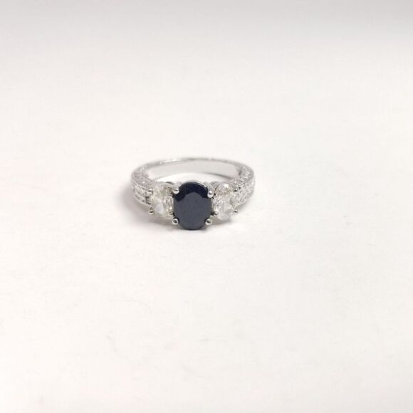 Vintage Black Oval Rhinestone Silver Tone Band, Stacking, Estate - Picture 2 of 6